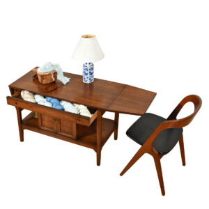 Expanding MCM Walnut Serving-Bar-Sewing Console | Cart w Drop Down Leaves + Storage